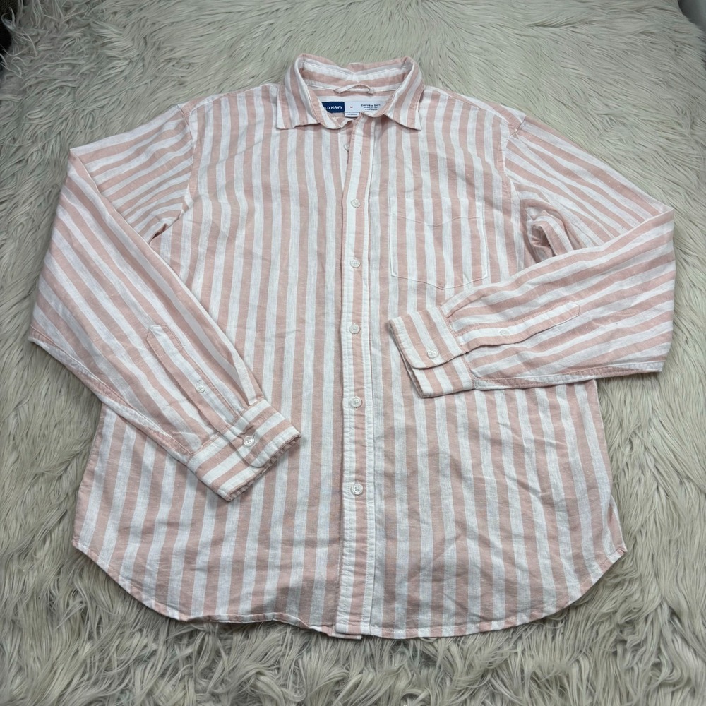 Old Navy Women's L Pink White Striped Everyday Shirt Linen Blend Resort Preppy